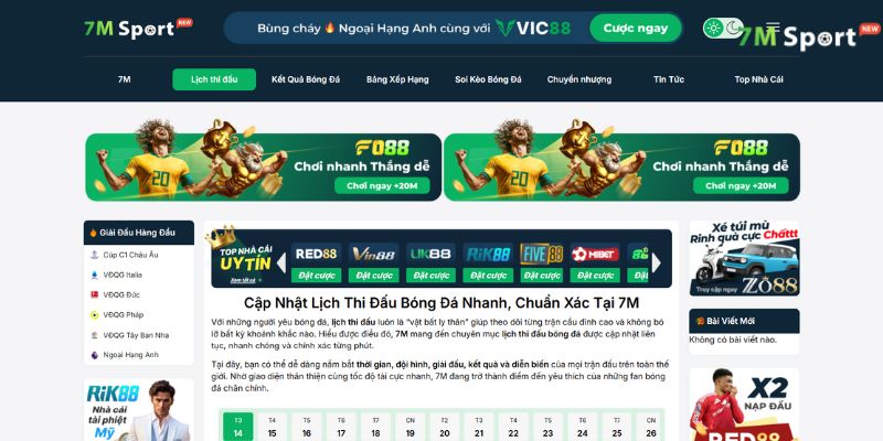 Cách xem lịch đấu bóng đá trên nền tảng 7M Sport khá đơn giản